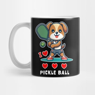 I Love Pickle Ball, Cute Dog playing Pickle Ball, funny graphic t-shirt for lovers of Pickle Ball and Dogs Mug